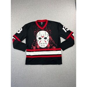 Friday The 13th Jason Voorhees Mask Hockey Jersey Men L Black Long Sleeve V Neck